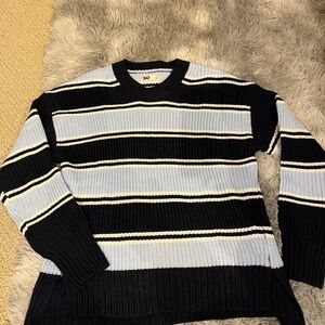 SO Men's Black and Light Blue Striped Crewneck Sweater